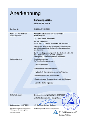 TÜV Rheinland EN 1591-4 Anerkennung Schulungsstätte AMTEC